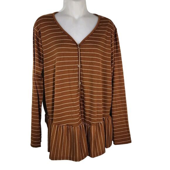 Pink Blush Womens Top Large Button V Neck Brown Striped Peplum Hem Long Sleeve - Picture 1 of 8